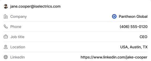 Contact record showing company, phone, job title, location and LinkedIn details