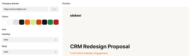 Brand kit pulled from a website domain next to the generated proposal preview