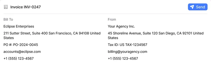Invoice with billing and sender details ready to send
