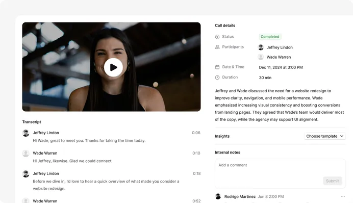 Call recording with a searchable transcript next to call details and internal notes