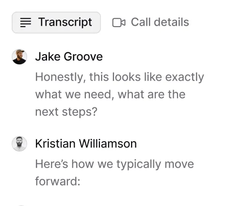 Call transcript panel with tabs and chat messages