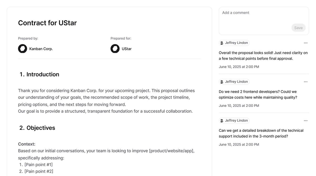 Contract document for UStar with comment sidebar showing feedback