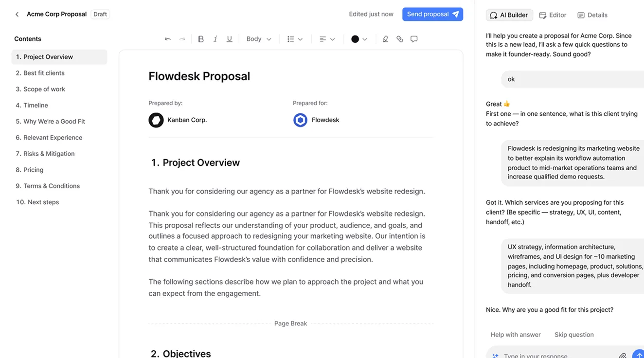 Proposal editor with AI Builder assistant helping draft the Flowdesk Proposal