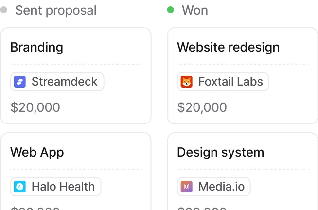 Project cards showing Branding, Website redesign, Web App, and Design system deals