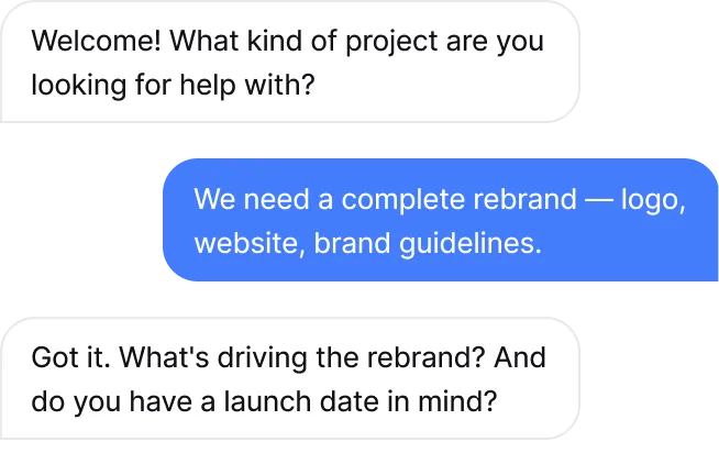 Chat interface showing a conversation about a complete rebrand project