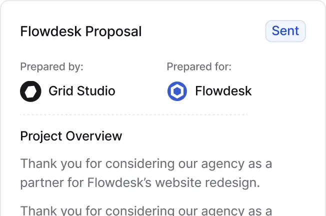 Screenshot of a Flowdesk Proposal document with Sent status